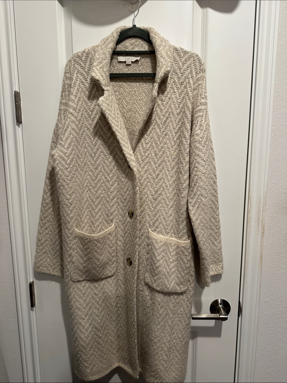 LOFT Cream Herringbone Long Cardigan with Pockets